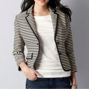 ANN TAYLOR Corded Dobby Black Beige Striped Blazer Jacket sz 14 Women's Nautical